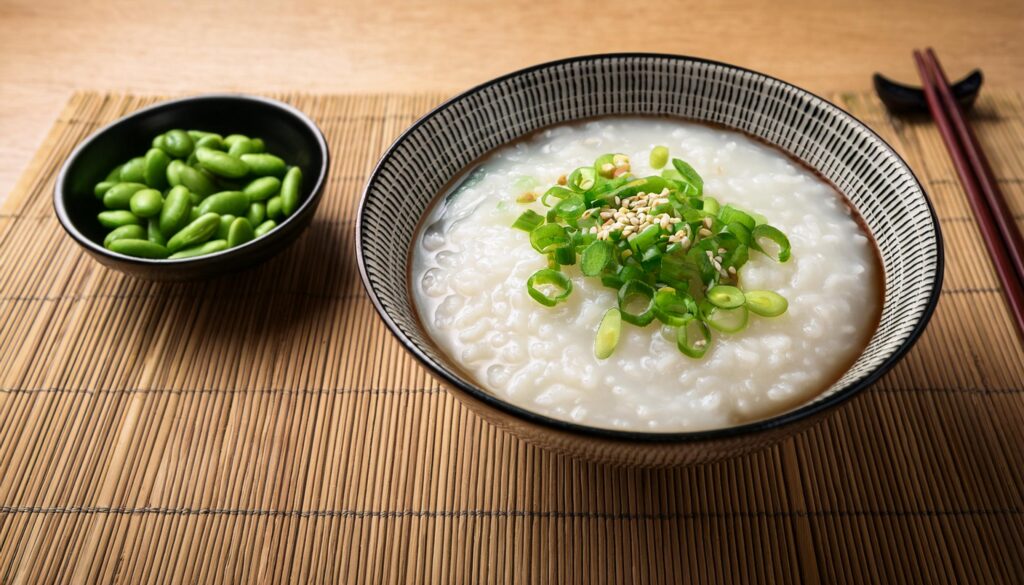 Bol de congee de riz végétalien avec garnitures simples et nutritives.
