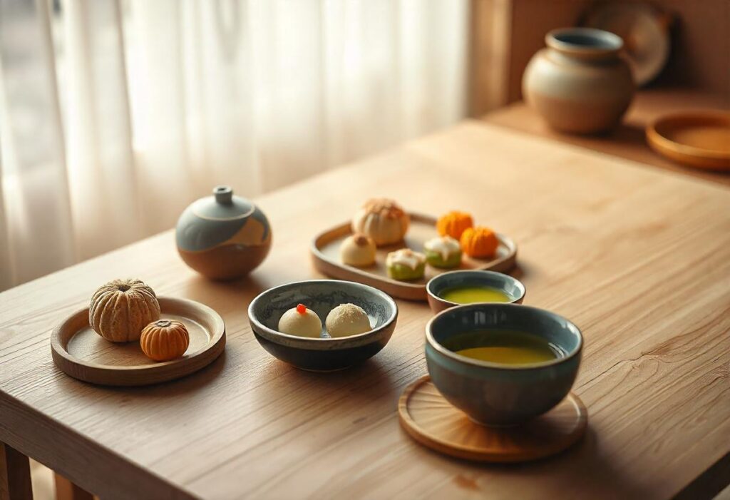 Plateau de wagashi assortis avec bol de matcha, reflétant l’histoire des desserts japonais.