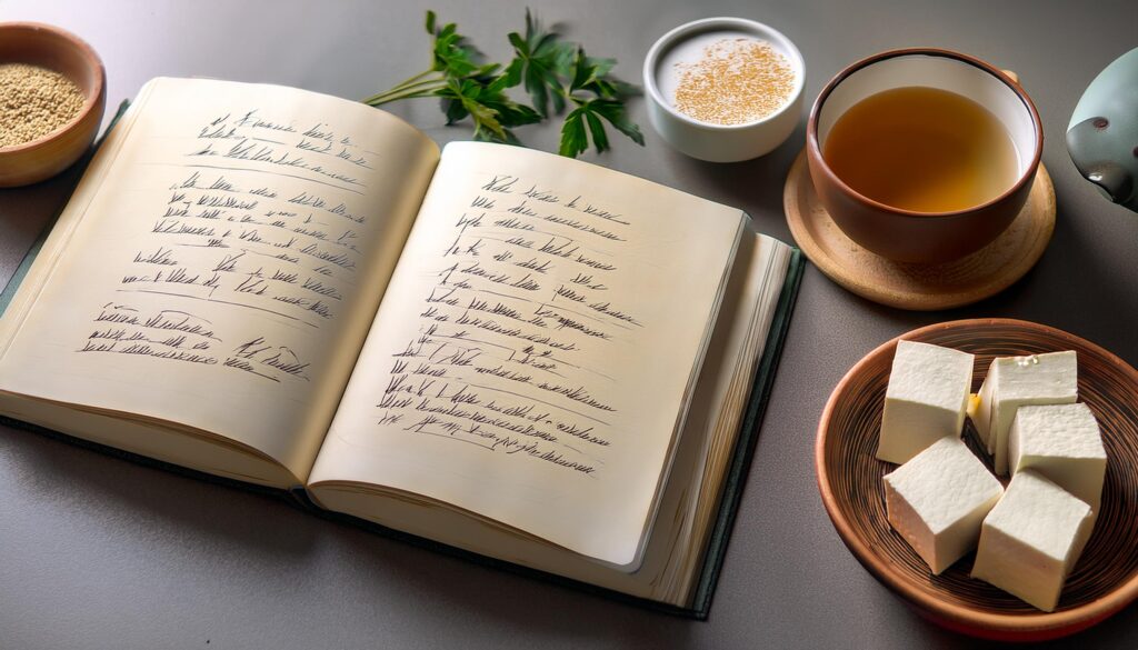 Livre de cuisine et bloc-notes, symbolisant la recherche et la curiosité culinaire.