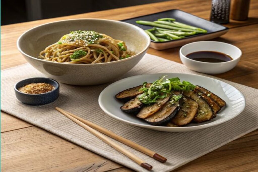 Soba noodles, miso-glazed eggplant, and quick-pickled cucumbers arranged in a modern kitchen setting, showcasing balanced vegan Japanese meals.