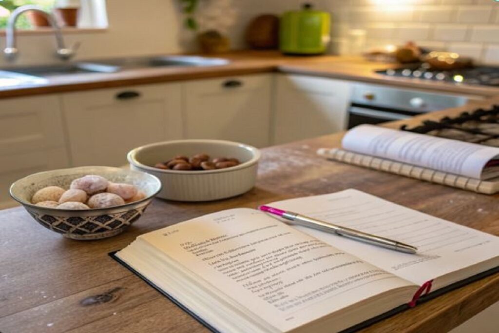 Livre de cuisine et notes pour répondre aux questions sur les desserts japonais.