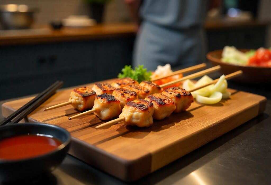 Plateau de brochettes de poulet et légumes grillés avec sauce barbecue japonaise en bol.