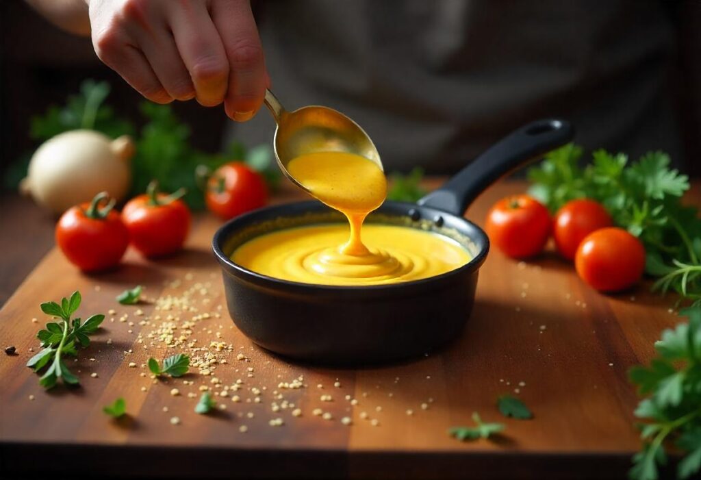 Préparation de la sauce barbecue japonaise dans une petite casserole avec ingrédients disposés autour.