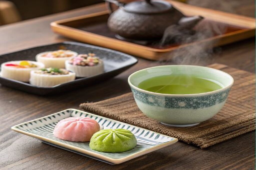 Dessin d’un thé vert et wagashi, avec plats salés en arrière-plan pour contraste.