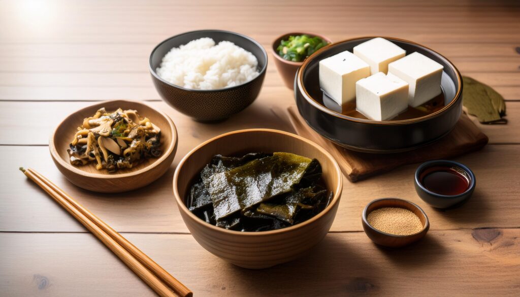 Ingrédients de base végétaliens (tofu, nori, miso, shiitakés) pour cuisine japonaise.