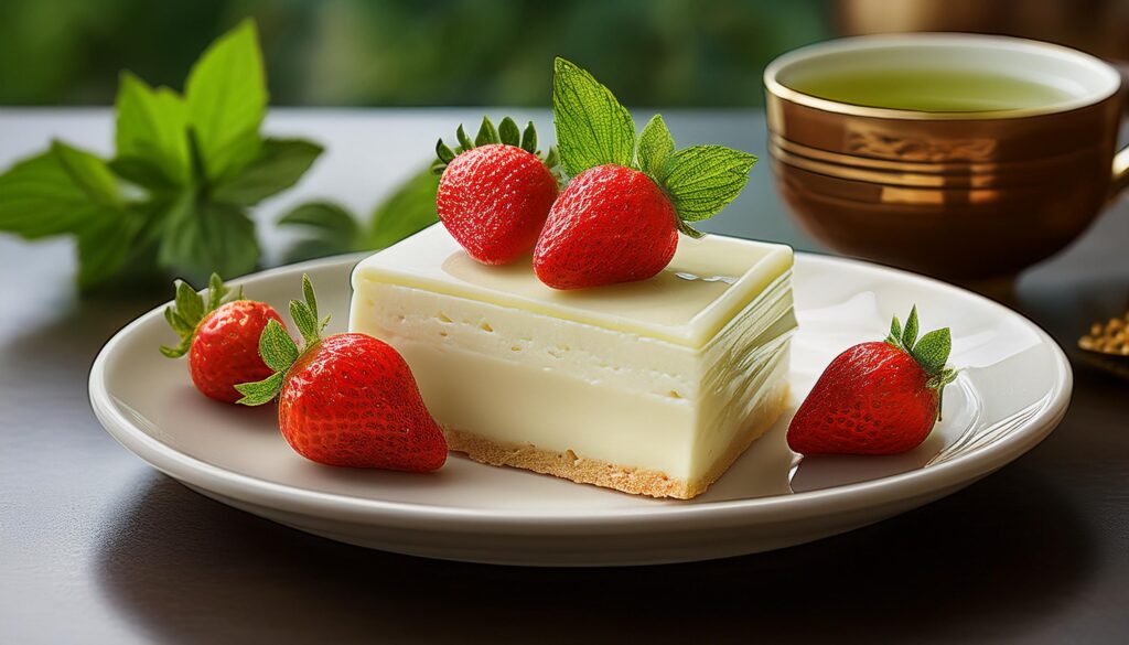 "Assiette finale de dessert japonais (castella) avec thé vert."