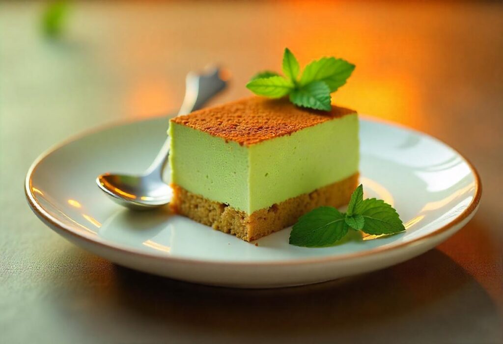 Part de matcha tiramisu, fusion moderne des saveurs.