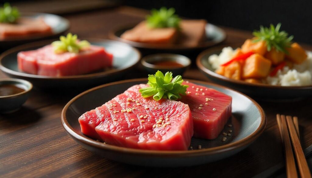 Variety of Japanese steak dishes including ribeye, sirloin, and filet mignon, elegantly plated with sesame seeds, scallions, and soy sauce bowls in a clean and appetizing setting.