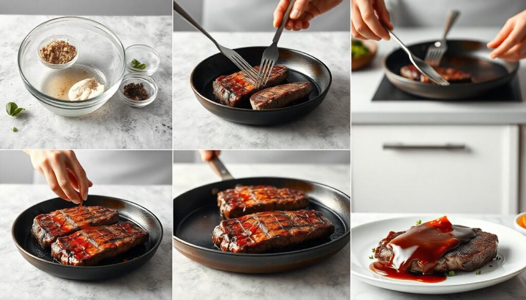 
"Series of images showing the step-by-step preparation of Soy-Glazed Sirloin Steak, including mixing ingredients, marinating, searing on skillet, glazing with sauce, and the final plated dish in a clean kitchen setting.