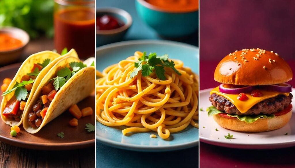 Vibrant and attractive collage featuring Mexican-Japanese Tacos, Italian Pasta with Ponzu, and American Burgers with Miso Glaze, beautifully presented to showcase the versatile use of Bachan's sauces with a cohesive color palette.