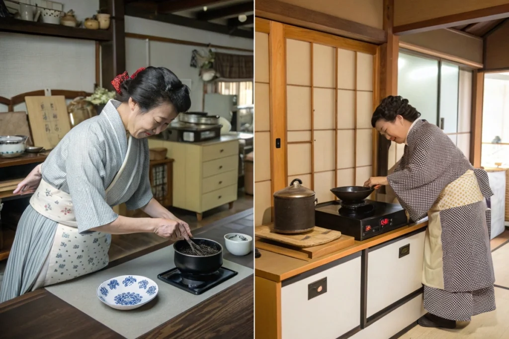 A timeline of Kuromame bean preparation from traditional Japan to modern times, showing how this sweet dish transcends centuries.