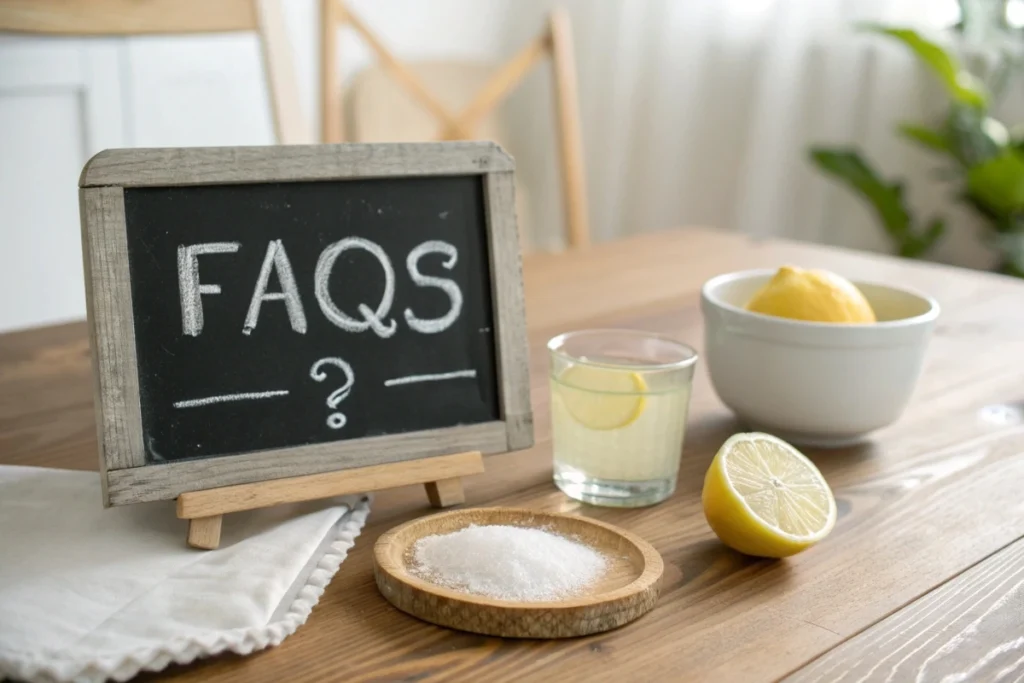 A chalkboard labeled ‘FAQs’ with a lemon sour glass, sugar bowl, and lemon slice arranged simply.