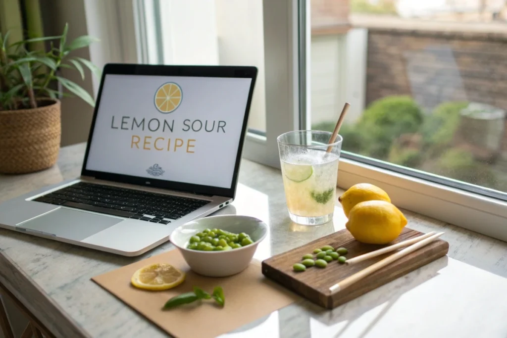 A laptop open to a lemon sour recipe, with a glass of lemon sour and edamame, ready for a casual home setting.