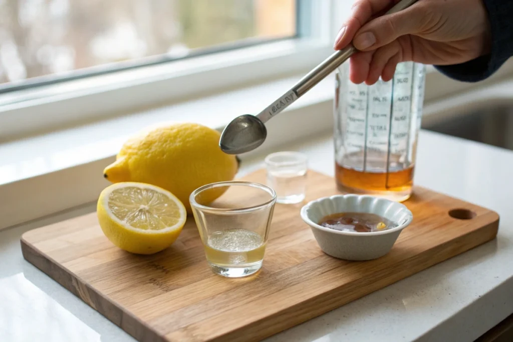 Fresh lemon, spirit, and syrup arranged on a cutting board, ready to be mixed into a Japanese lemon sour cocktail.