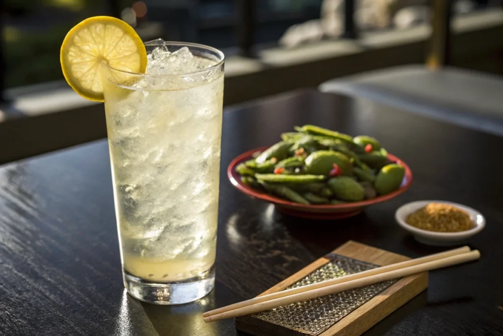 A tall glass of Japanese lemon sour garnished with a lemon wheel, served with edamame for a savory snack pairing.