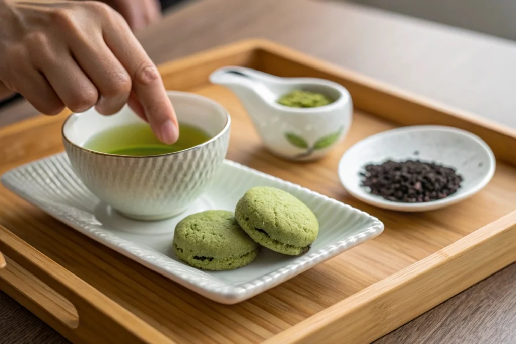 A hand placing a matcha Japanese cookie on a porcelain dish, with tea and sesame nearby.