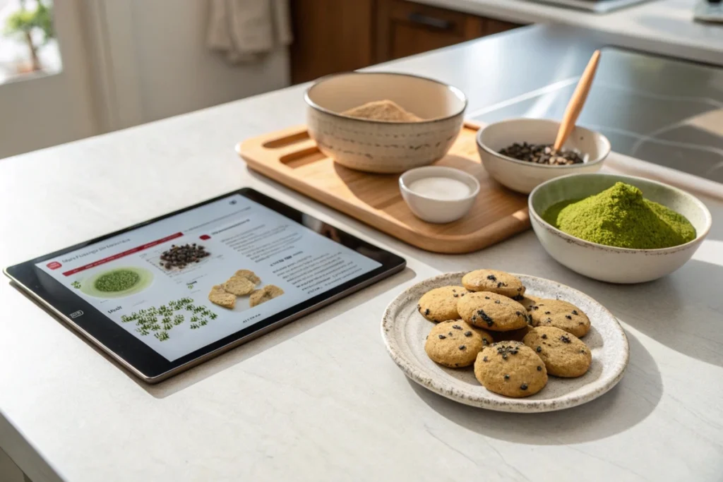 A tablet displaying a Japanese cookie recipe, surrounded by matcha, sesame, and freshly baked cookies.