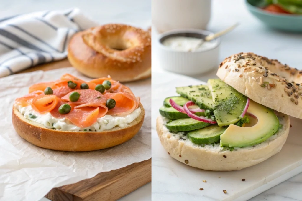 Comparison of New York and Japanese bagels recipe: one with cream cheese and salmon, the other with avocado and pickled vegetables.