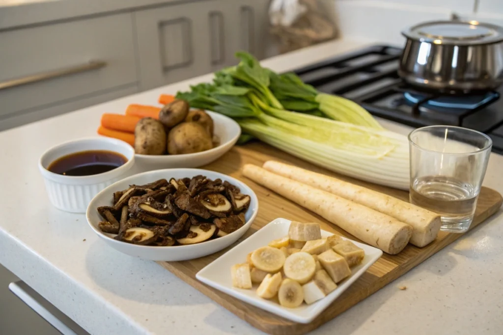 Essential ingredients for Japanese New Year dishes, featuring kombu, dried shiitake, and root vegetables, ready for dashi-making and simmering.