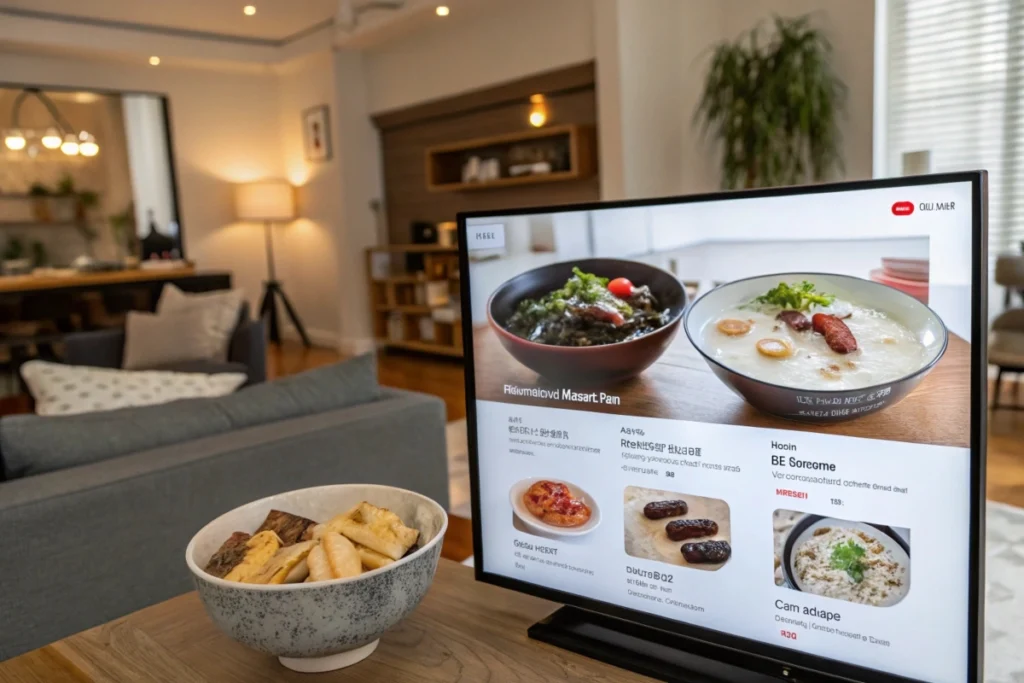 A digital recipe board displaying iconic Japanese New Year dishes, reflecting practical ways to prepare them at home.