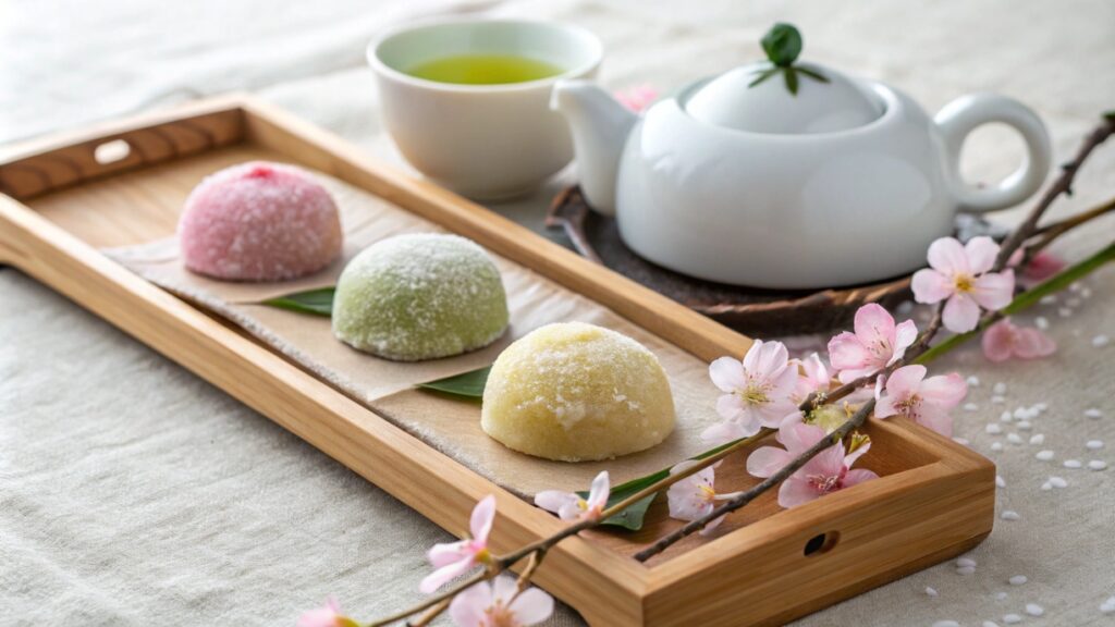 A final platter of assorted wagashi served with tea, concluding the dessert journey.