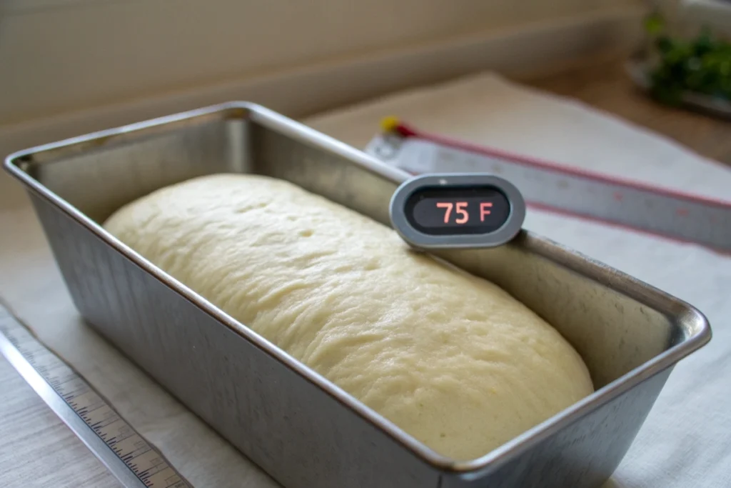 A loaf pan filled with risen rice flour dough, ready for baking, with a thermometer indicating proofing temperature
