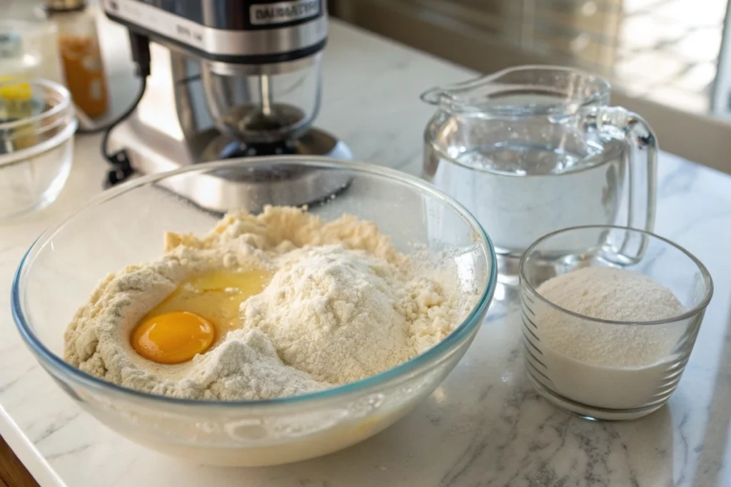 A sticky rice flour dough being prepared with yeast, psyllium husk, and water in a bright kitchen setting
