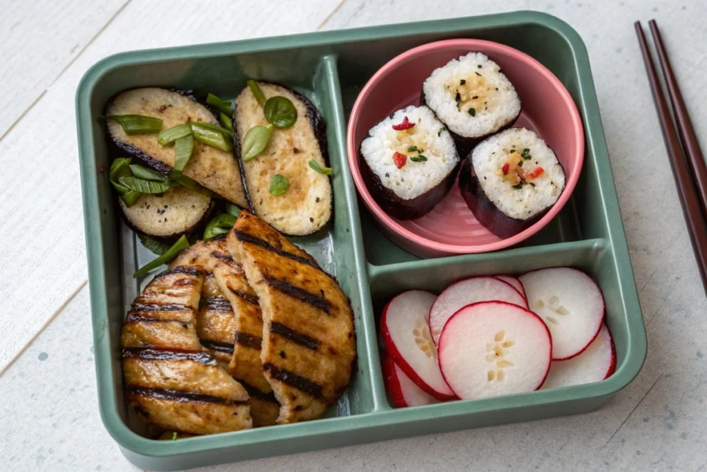 A bento box containing roasted Japanese eggplant slices, onigiri, pickled radish, and grilled chicken for a well-rounded lunch.