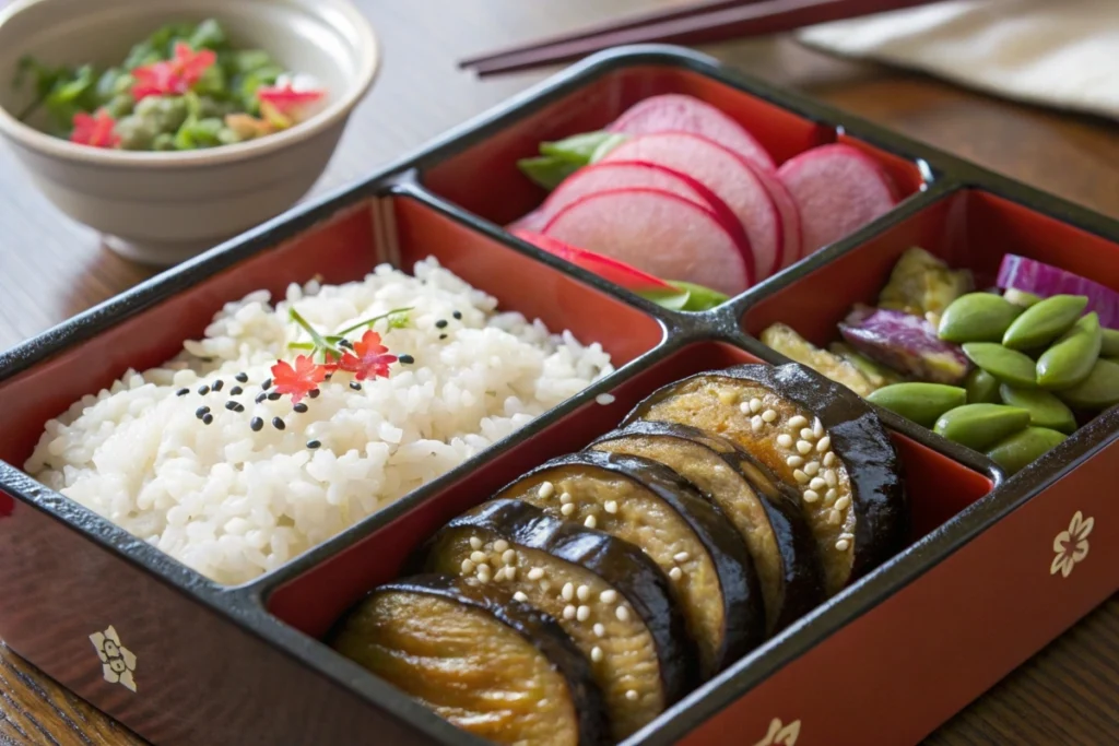 A bento box lunch featuring roasted Japanese eggplant slices, rice, edamame, and pickled radish for a balanced midday meal.