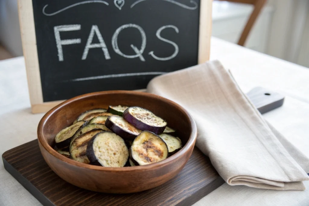 A chalkboard reading ‘FAQs’ beside a bowl of roasted Japanese eggplant slices, answering common questions.