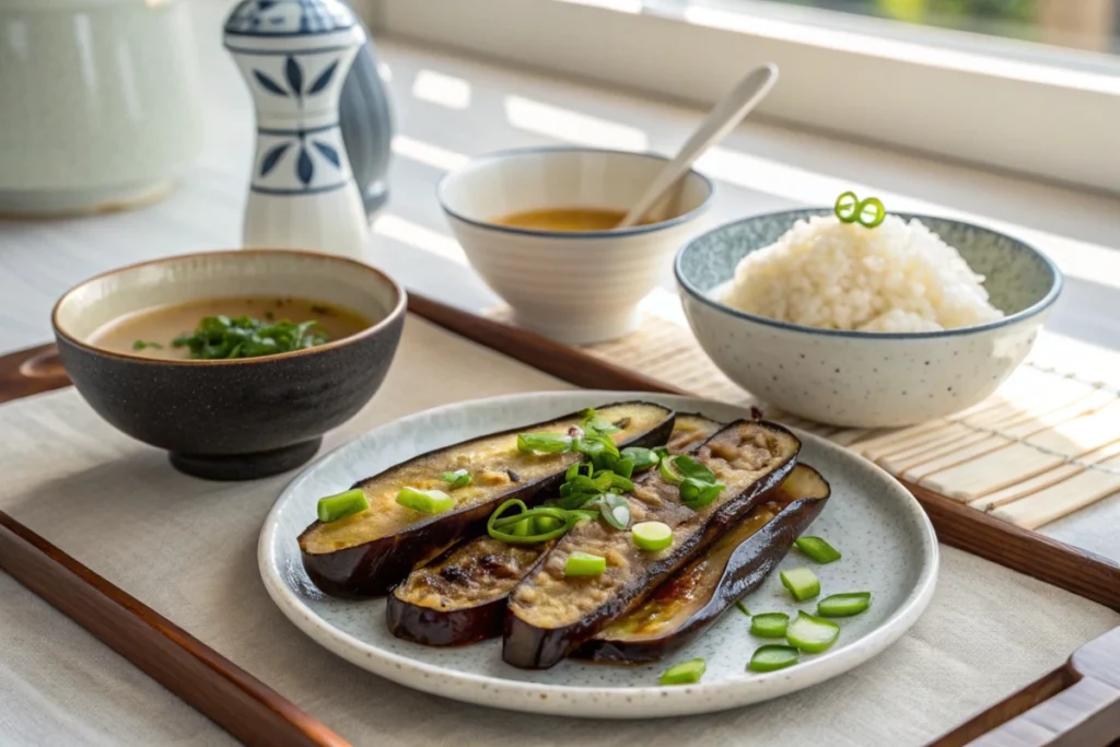 A lunchtime table featuring roasted Japanese eggplant with green onion garnish, alongside miso soup and steamed rice.