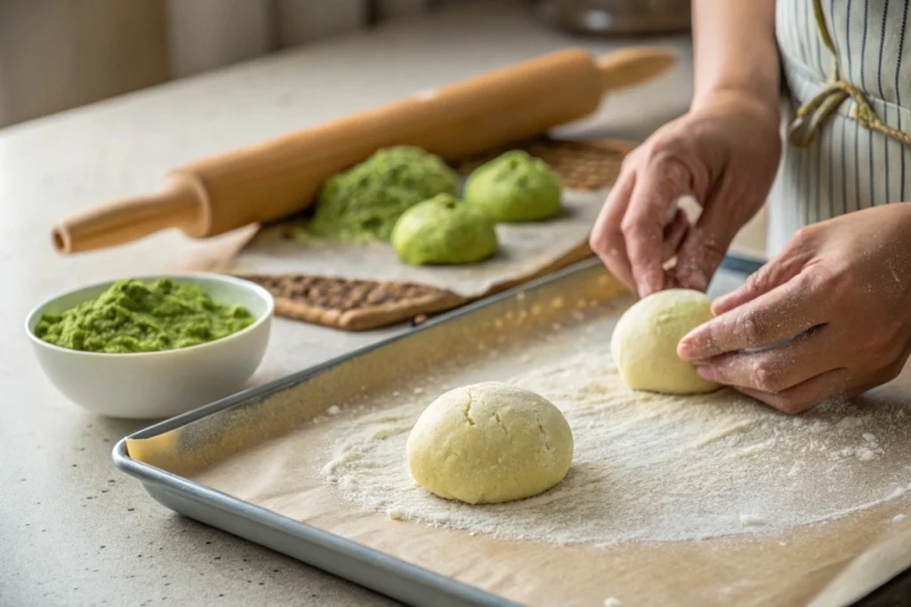 A baker shaping Japanese biscuit dough with matcha powder and baking tools nearby.