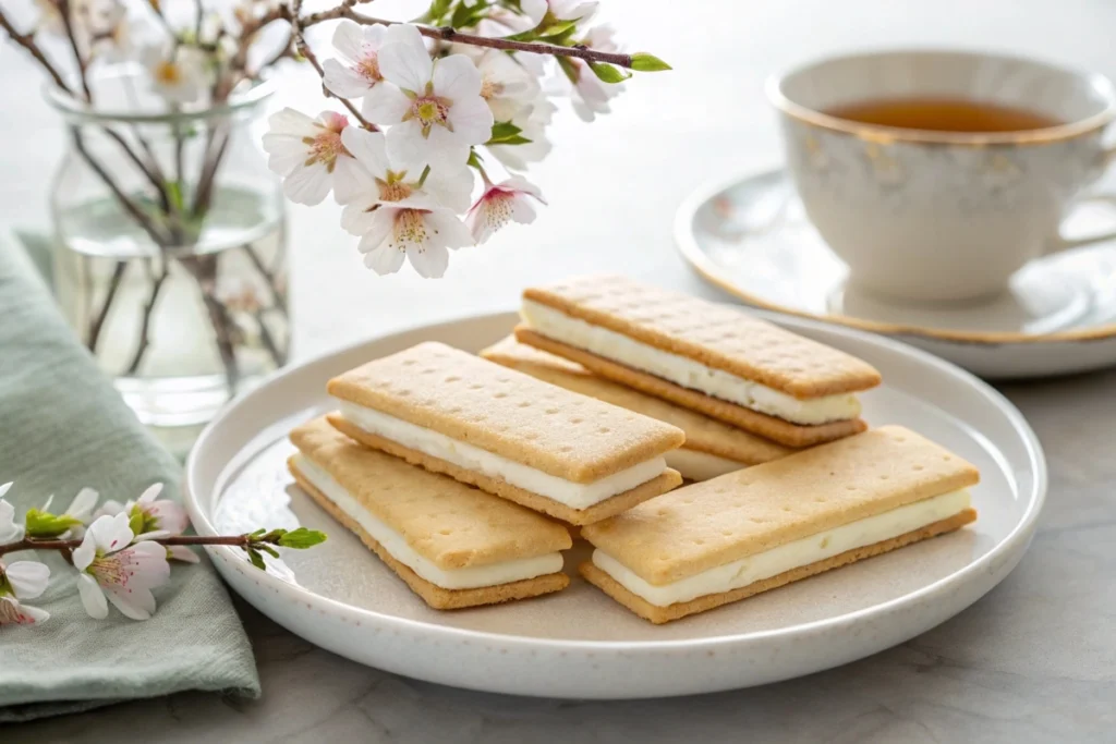 Shiroi Koibito-inspired sandwich cookies with white chocolate filling on a ceramic plate.