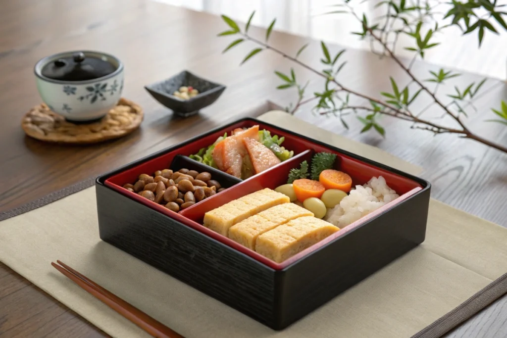 A simplified osechi bento featuring key symbolic foods arranged neatly, illustrating a modern and approachable Japanese New Year spread.
