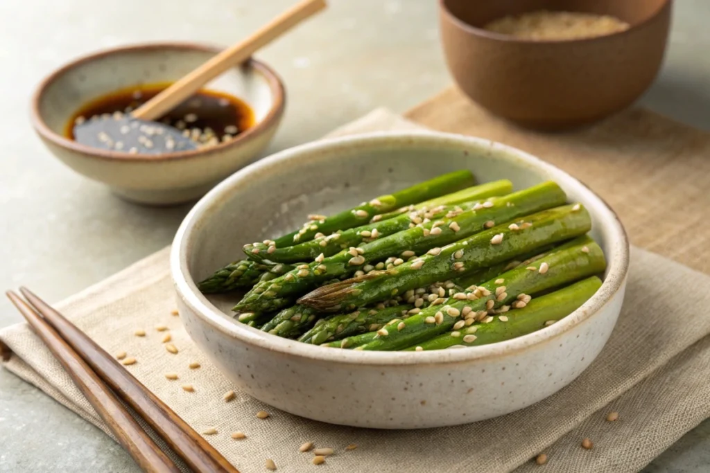 Lightly blanched asparagus spears in a soy-sesame dressing, sprinkled with toasted sesame seeds.