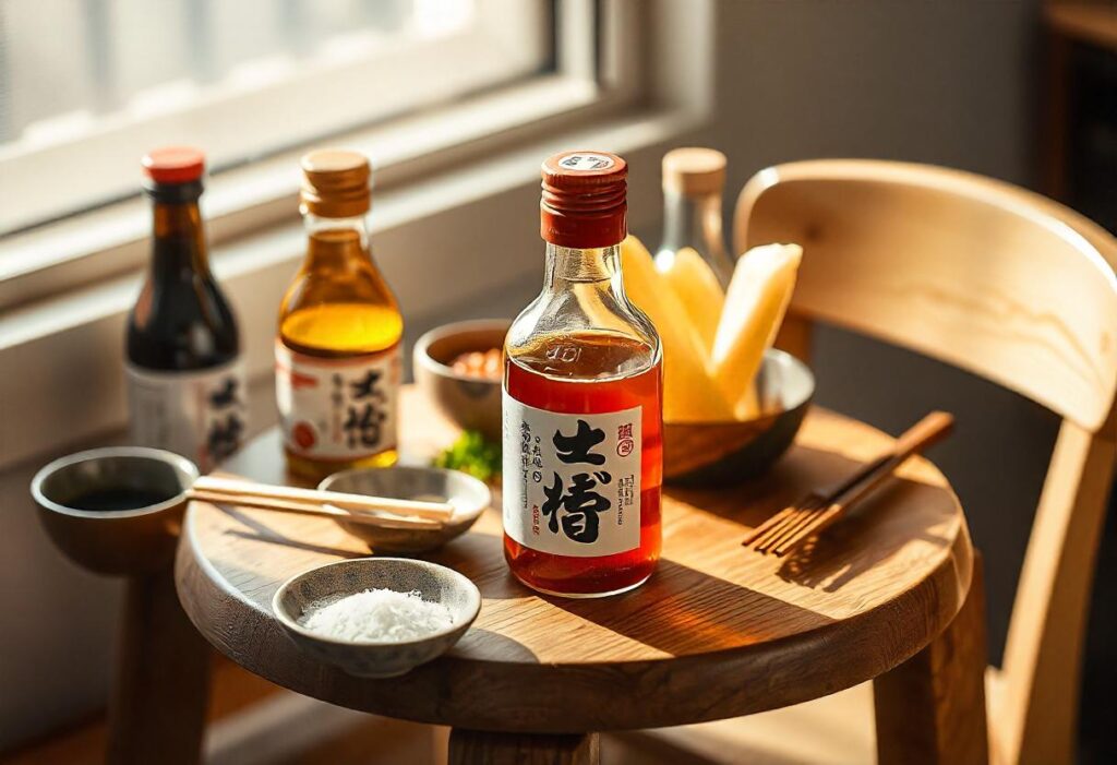 Table en bois clair avec ingrédients traditionnels pour sauce barbecue japonaise.