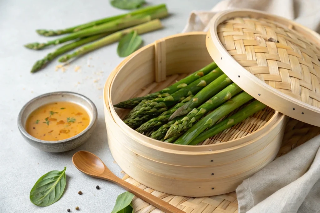Steamed asparagus in a bamboo steamer with a side of miso-ginger dressing, highlighting fresh, natural flavors.