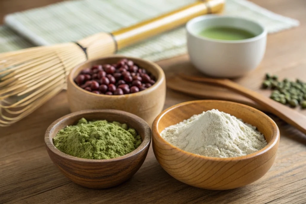 Key wagashi ingredients—azuki beans, matcha, and rice flour—displayed alongside tools for making Japanese sweets.