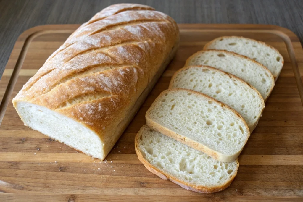 Two sliced loaves side by side: wheat-based bread vs. rice flour bread, showing distinct crumb textures
