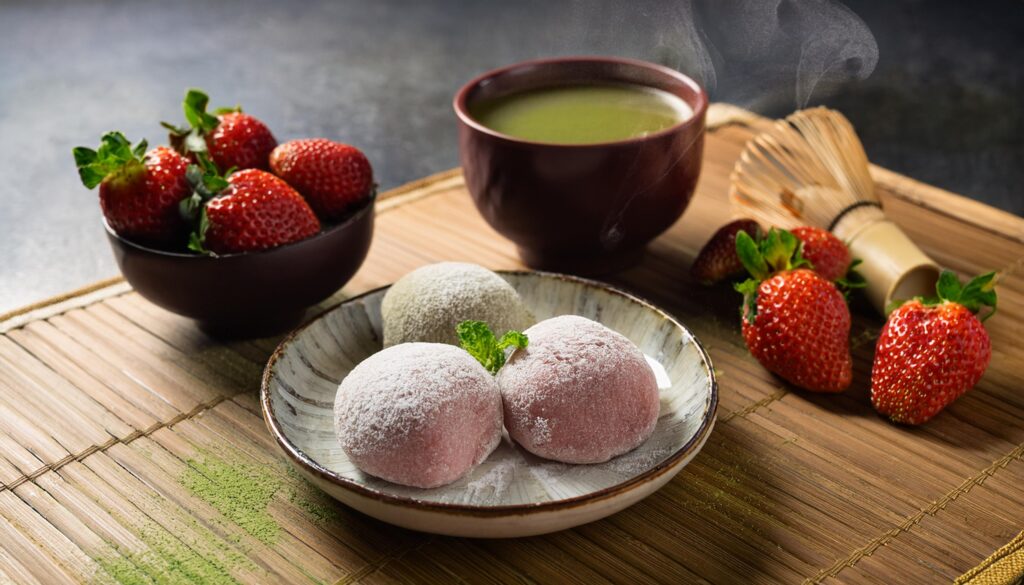 Assortiment de daifuku, fraises et matcha pour un dessert végétalien japonais.