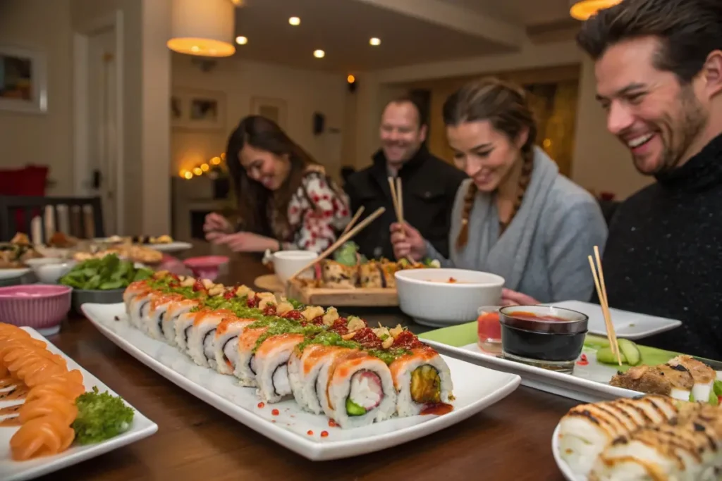 Un groupe d’amis profitant d’un plateau de sushi Angry Dragon Roll dans un restaurant, avec des rouleaux colorés garnis d’avocat, de sauce épicée et de poisson, servis avec sauce soja et accompagnements