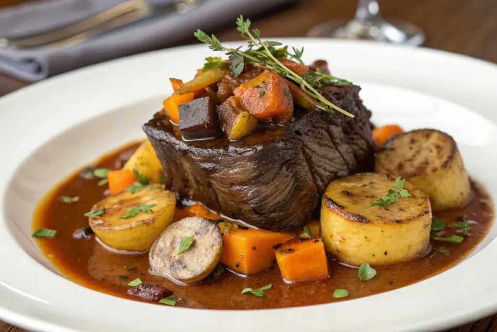 Jarreton de bœuf lentement braisé dans une sauce riche, garni de légumes rôtis, de pommes de terre dorées et d’herbes fraîches, servi dans une assiette blanche élégante.