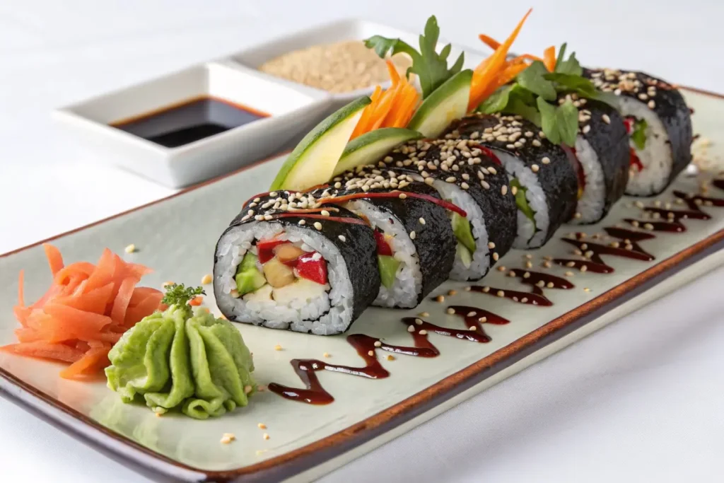 Black Dragon Roll, un sushi roulé recouvert d’anguille grillée et de graines de sésame, garni d’avocat et de légumes croquants, servi sur une assiette rectangulaire avec sauce soja, wasabi et gingembre mariné en accompagnement.