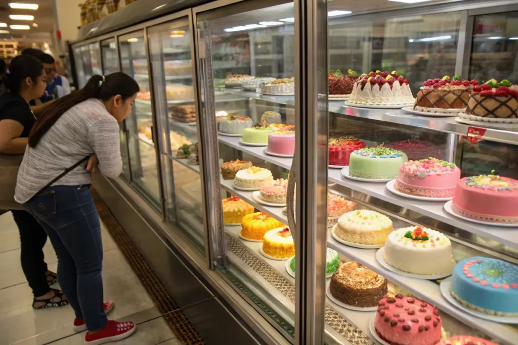 Vitrine réfrigérée remplie de gâteaux décorés aux couleurs vives dans une pâtisserie, avec une cliente admirant les créations sucrées à travers la vitre
