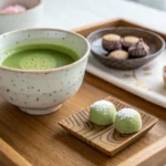 Bol en céramique contenant du matcha vert mousseux, posé sur un plateau en bois avec des wagashi japonais, dont des mochis verts et des sucreries traditionnelles, dans un cadre harmonieux de dégustation du thé