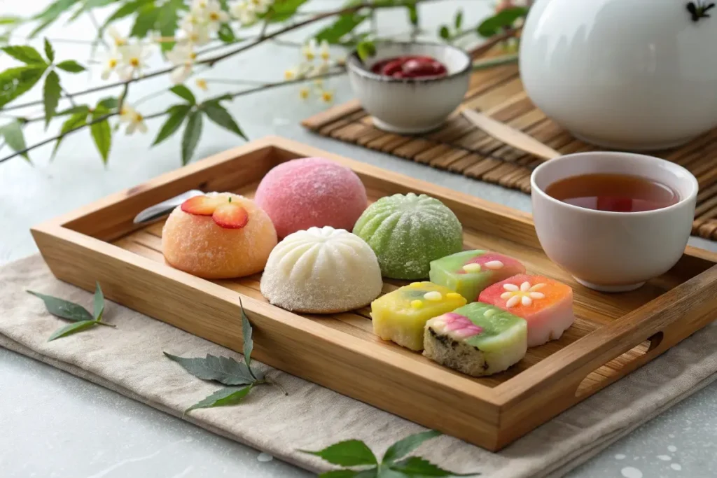 Sélection de desserts japonais traditionnels, comprenant des mochis colorés et des wagashi décorés, disposés sur un plateau en bambou avec une tasse de thé, un bol de sauce sucrée et une théière en arrière-plan.