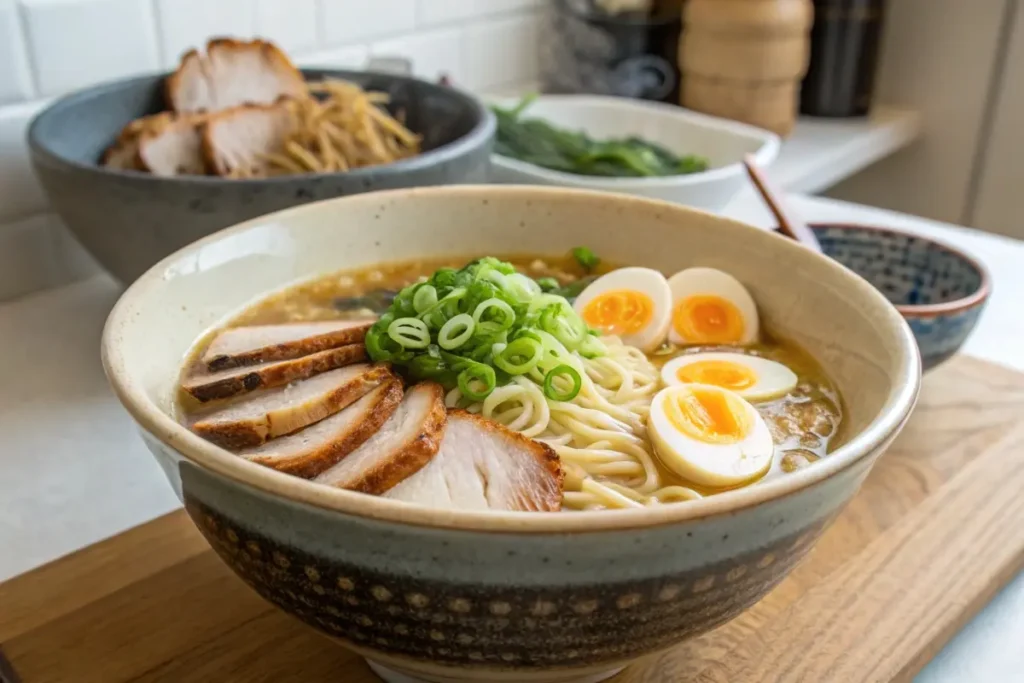 Grand bol de ramen garni de tranches de porc grillé, œufs mollets, ciboule hachée et nouilles, servi dans un bol en céramique avec un bouillon savoureux, accompagné d’ingrédients supplémentaires en arrière-plan