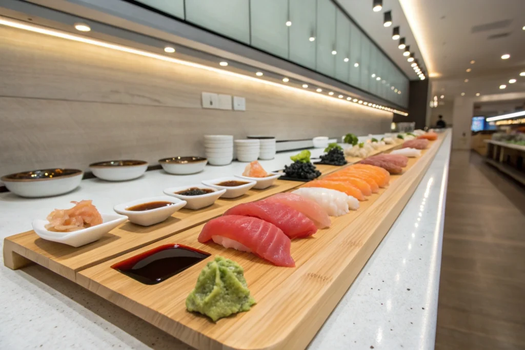 An assortment of high-quality nigiri sushi placed on a wooden board, showcasing the freshness and simplicity of Japan’s iconic dish.