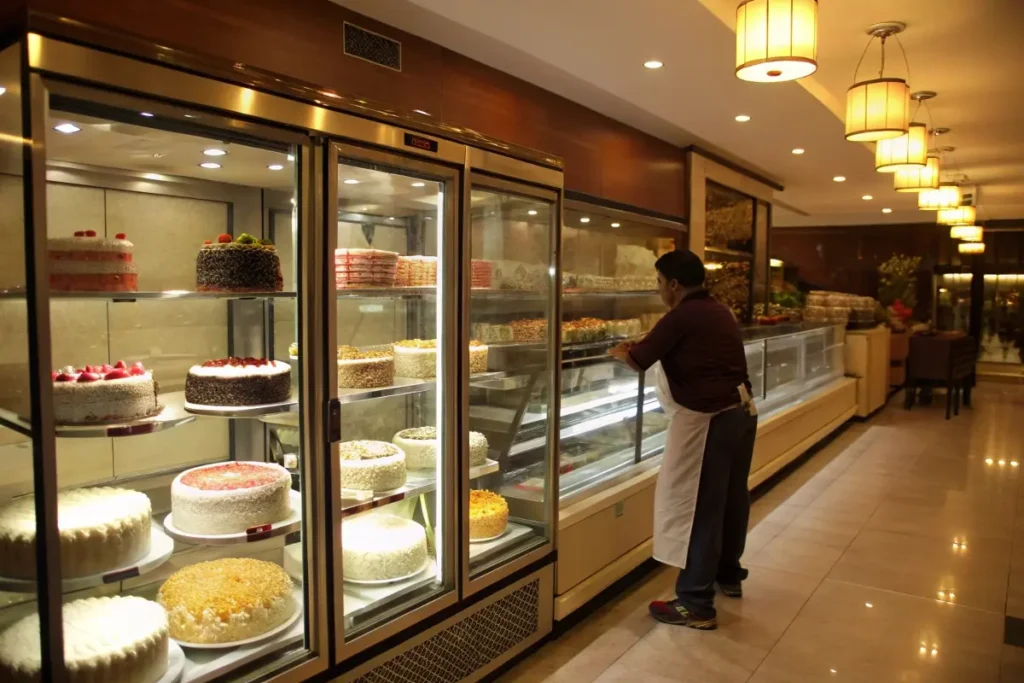  A beautifully arranged cake display freezer showcasing colorful, frosted cakes, emphasizing how a proper unit enhances both freshness and presentation.