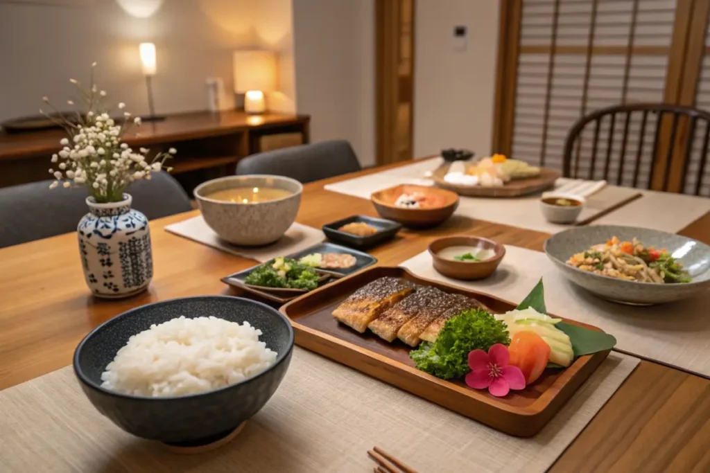 Concluding image of a diverse Japanese breakfast spread, symbolizing balance and variety.
